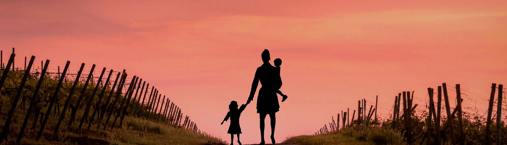 Mother walks into sunset with children